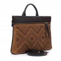 Geanta RENA camel cu maro din piele intoarsa si piele box, brodata manual, model Silvana RNXL3003-02N 