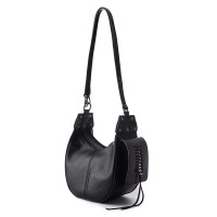 Geanta neagra din piele naturala, accesorizata cu impletitura cu lant metalic, model SHEILA RNL267-01N TW