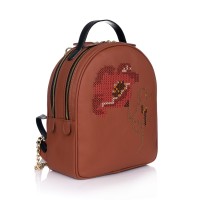 Rucsac cognac RENA din piele naturala brodat manual, model Anastasia RNXL3008-16N