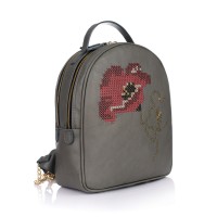 Rucsac gri RENA din piele naturala brodat manual, model Anastasia RNXL3008-14N