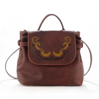 Rucsac maro-cognac RENA din piele naturala cu broderie manuala, model Dida RNXL395-16V